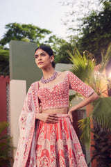 Coral velvet heavily embellished lehenga