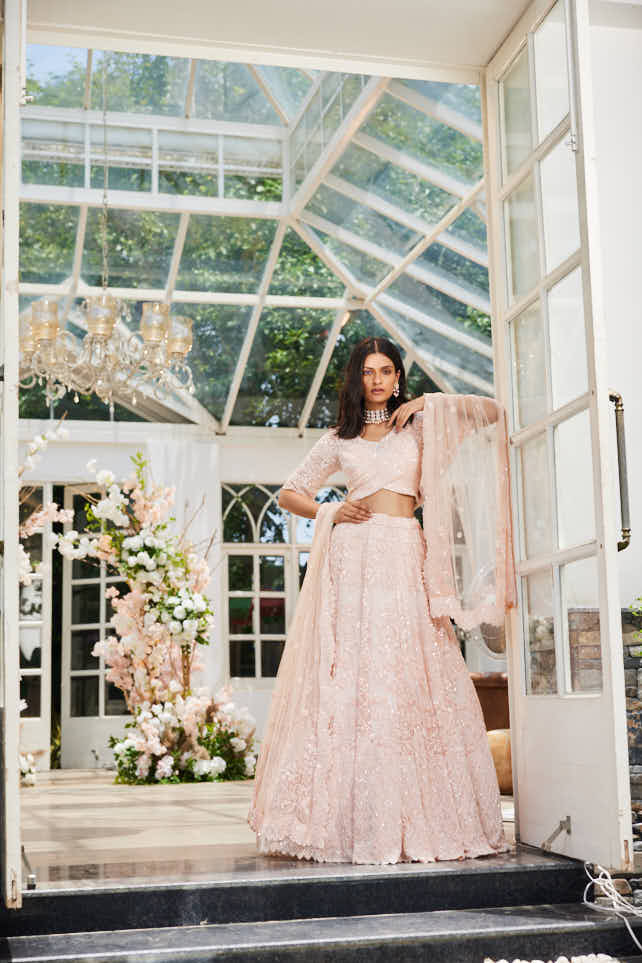 Pink organza  heavily embellished lehenga