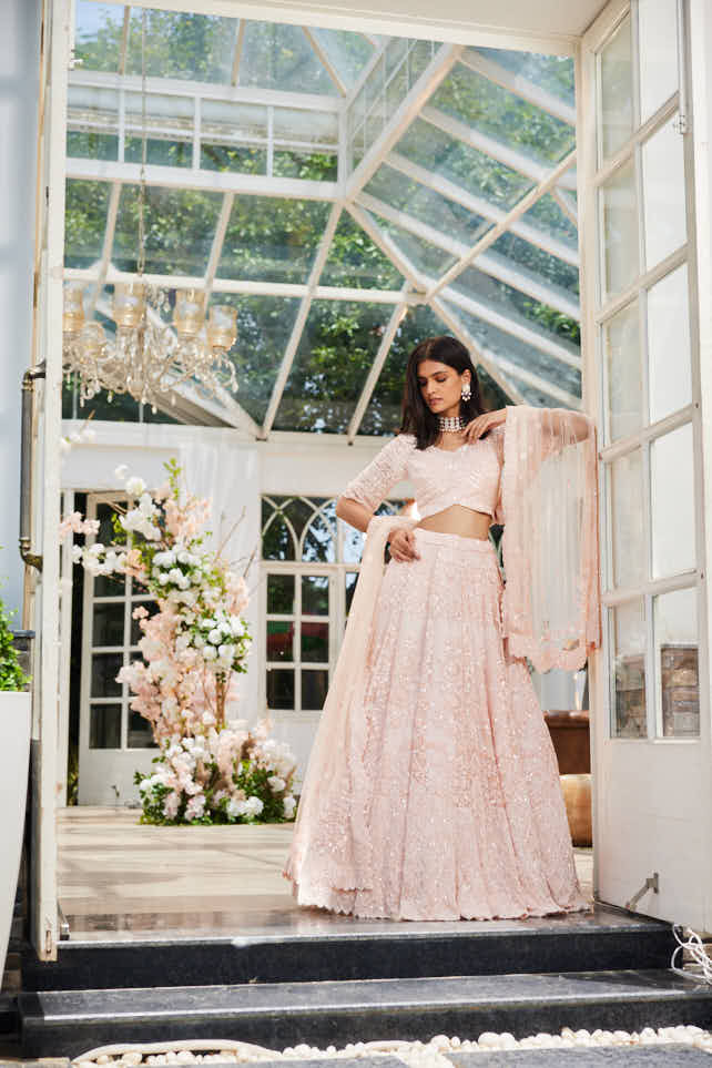 Pink organza  heavily embellished lehenga