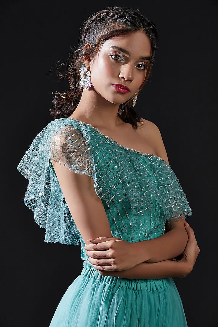Blue Ruffled One Shoulder Crop Top