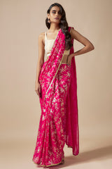Rani Pink Recycled Polyester Foil Printed & Metallic Embroidered Pre-Draped Saree Set