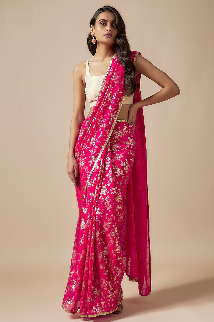 Rani Pink Recycled Polyester Foil Printed & Metallic Embroidered Pre-Draped Saree Set
