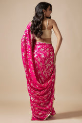 Rani Pink Recycled Polyester Foil Printed & Metallic Embroidered Pre-Draped Saree Set