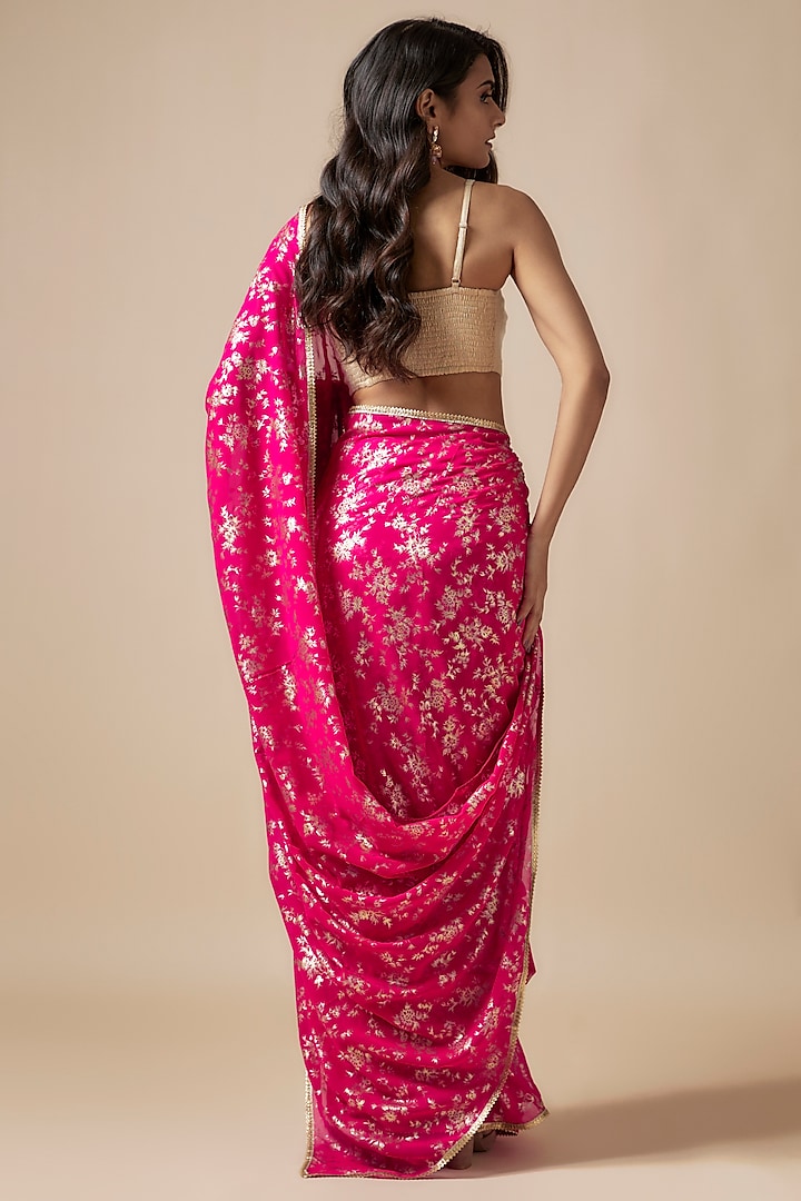 Rani Pink Recycled Polyester Foil Printed & Metallic Embroidered Pre-Draped Saree Set