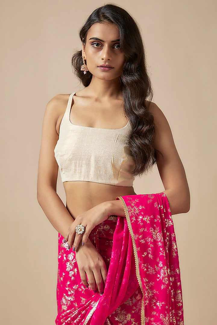 Rani Pink Recycled Polyester Foil Printed & Metallic Embroidered Pre-Draped Saree Set