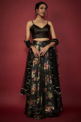 Black Satin Floral Printed Lehenga Set