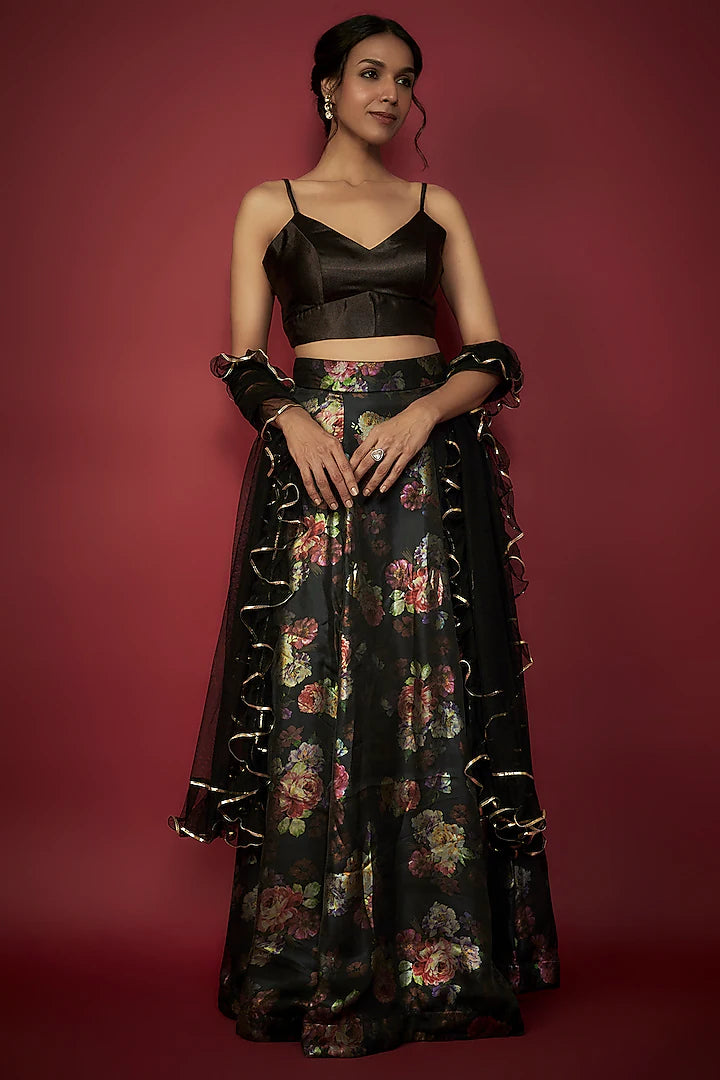 Black Satin Floral Printed Lehenga Set
