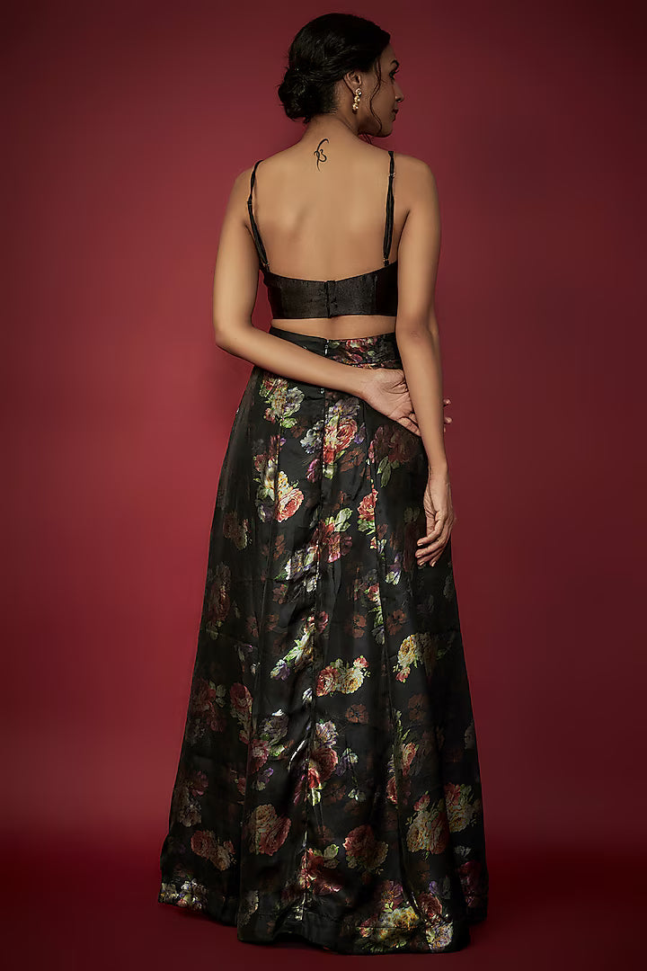 Black Satin Floral Printed Lehenga Set