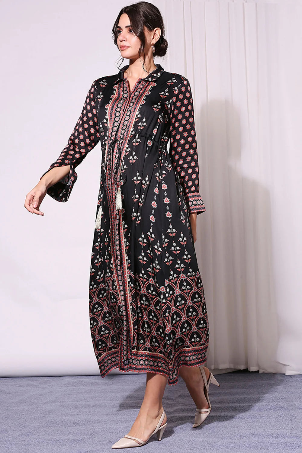 BLACK ETHNIC PRINTED DRESS SET